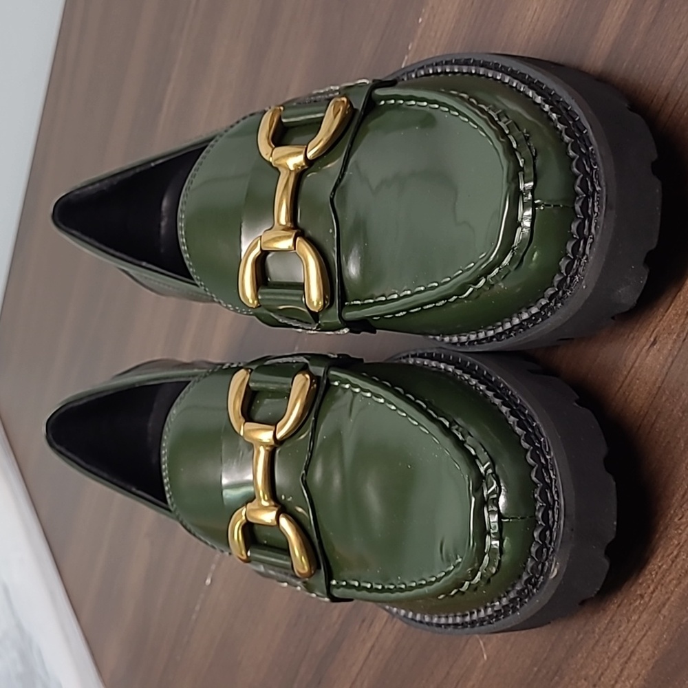 Green Loafers with Gold Accent